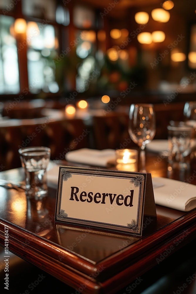 Elegant restaurant table setting with reserved sign in warm lighting Elegant restaurant table setting with reserved sign in warm lighting