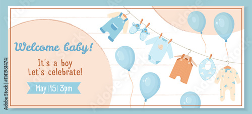 Horizontal banner design with tender baby boy clothes. Gender reveal party banner with blue balloons and infant accessories. Ideal for baby shower invitations, cards and party decor Festive vector