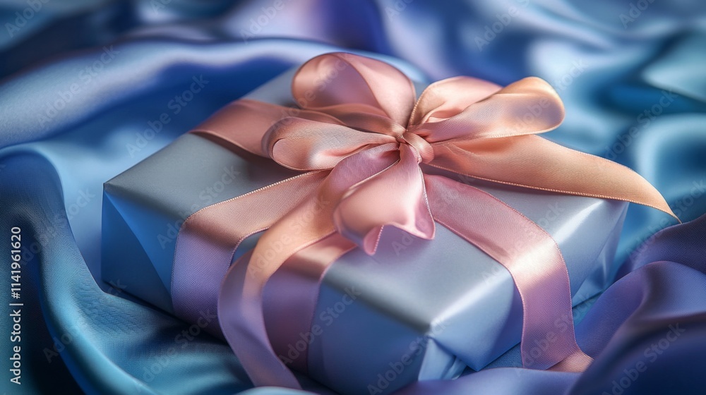 A light blue gift box with a pink ribbon A light blue gift box with a pink ribbon