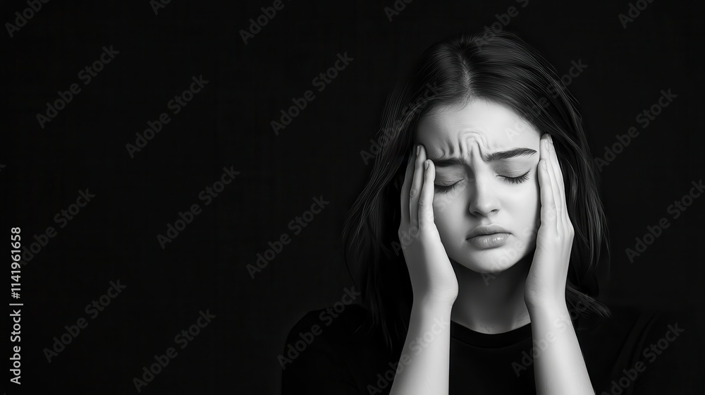 A young woman suffering from a headache, holding her forehead with a pained expression A young woman suffering from a headache, holding her forehead with a pained expression