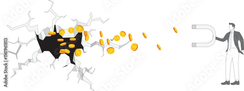 Smart businessman holding a magnet to suck gold coins out of a trap and take out lost money, business investment and business skills, business concept illustration