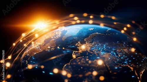 Global network on digital Earth globe from space, world finance connectivity, business trading, telecommunication