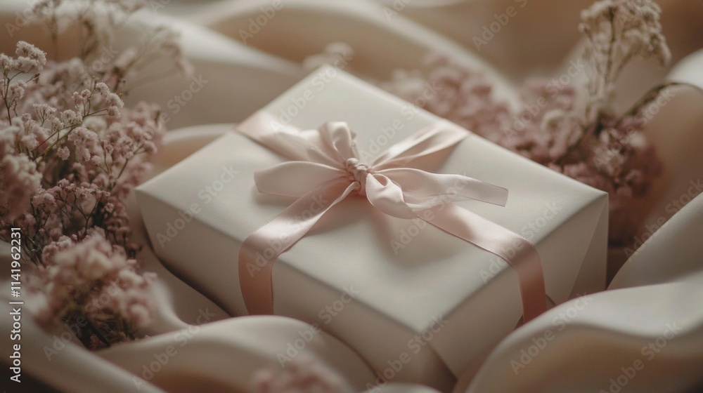 Elegant Gift Box with Delicate Pink Ribbon and Flowers Elegant Gift Box with Delicate Pink Ribbon and Flowers