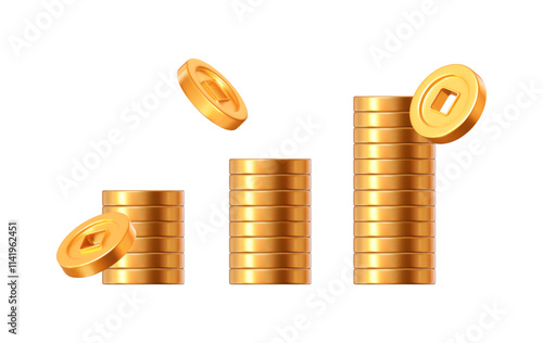 3d chinese gold coin stack. Design element for Chinese New Year. Stock vector illustration on isolated background.