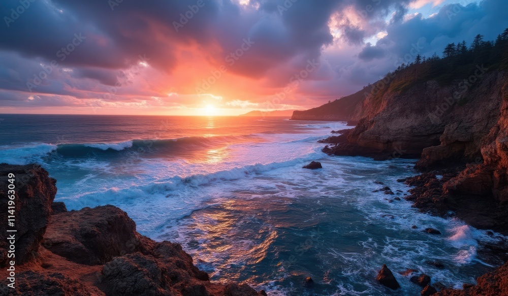 A coastal cliff panorama, waves crashing against jagged rocks under dramatic clouds, with a vibrant sunset casting long shadows and reflections
A coastal cliff panorama, waves crashing against jagged rocks under dramatic clouds, with a vibrant sunset casting long shadows and reflections