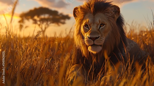 Realistic Portrait of a Lion in the Savannah at Sunset photo