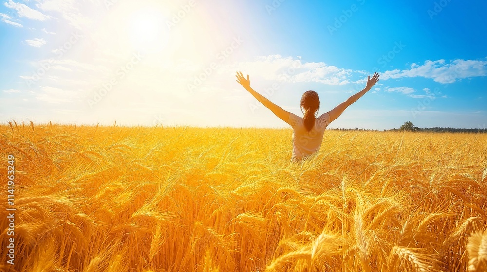 powerful figure standing in a field of golden wheat under a clear blue sky, symbolizing freedom, prosperity, and career triumph powerful figure standing in a field of golden wheat under a clear blue sky, symbolizing freedom, prosperity, and career triumph