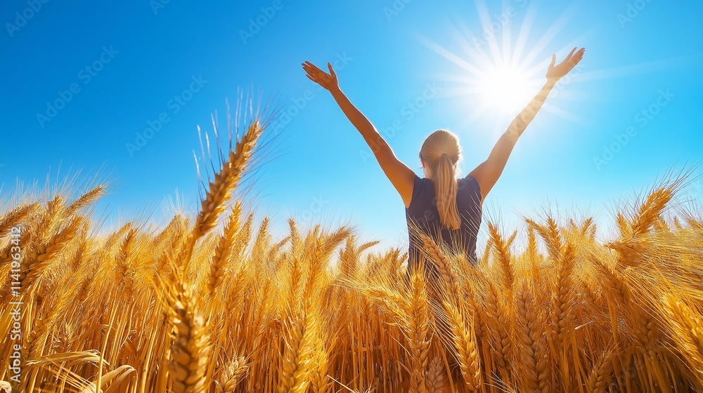 powerful figure standing in a field of golden wheat under a clear blue sky, symbolizing freedom, prosperity, and career triumph powerful figure standing in a field of golden wheat under a clear blue sky, symbolizing freedom, prosperity, and career triumph