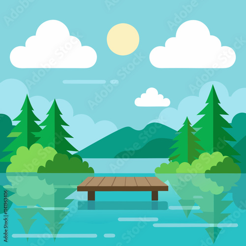 Beautiful Lake View with Pier and Tree Reflections Under Clear Sky
