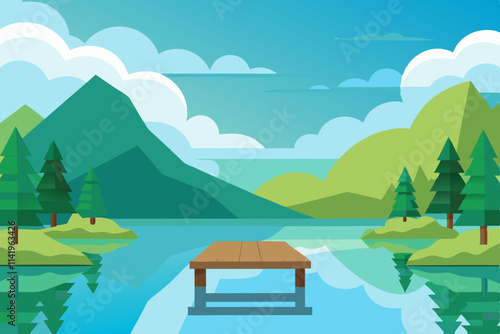 Beautiful Lake View with Pier and Tree Reflections Under Clear Sky