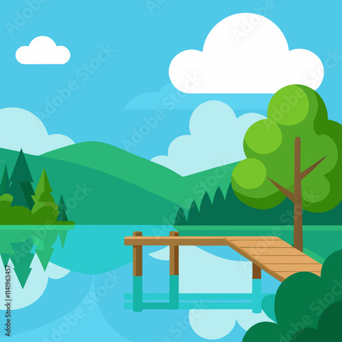 Beautiful Lake View with Pier and Tree Reflections Under Clear Sky