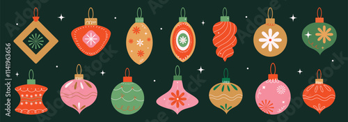 Christmas baubles set with trendy geometric ornament. Merry Christmas background for decorations, gift, greeting card, poster. Xmas balls in flat, minimalist, hand drawn, style. Vector illustration.
