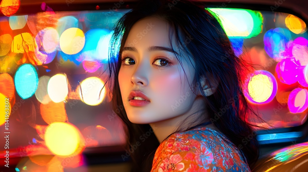 Fototapeta premium A young Asian woman with a serene expression amidst vibrant bokeh lights at night.