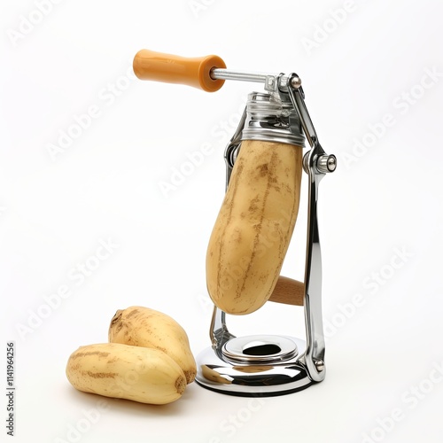 Manual potato peeler with chrome frame and orange handle holding a potato. Studio product photography on white background. Kitchen tool concept. photo