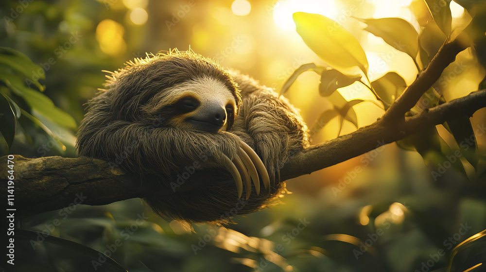sloth resting on branch in lush rainforest, surrounded by sunlight sloth resting on branch in lush rainforest, surrounded by sunlight