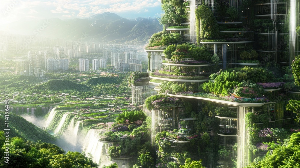 Obraz premium Futuristic Eco-Friendly Skyscraper with Lush Gardens