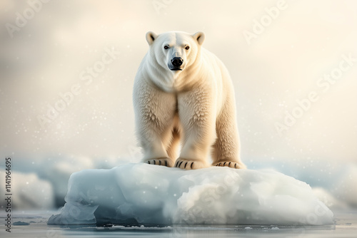 Ein Eisbär steht auf einer Eisscholle im arktischen Meer, Schneeschmelze aufgrund der Klimaerwärmung gefährdet den Lebensraum der Eisbären