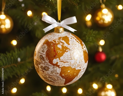 Christmas Globe Ornament with Snowflakes and Golden Ribbon photo