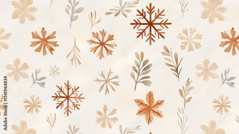 A delicate, floral pattern featuring snowflakes and leaves in warm earthy tones on a light background. A delicate, floral pattern featuring snowflakes and leaves in warm earthy tones on a light background.