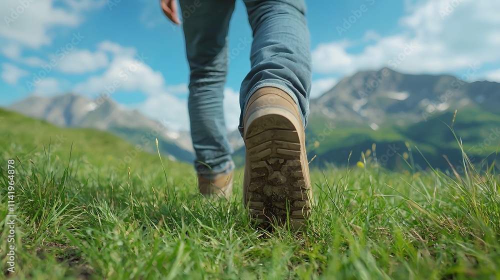 A man walks through grassy terrain, surrounded by majestic mountains in the background. A man walks through grassy terrain, surrounded by majestic mountains in the background.