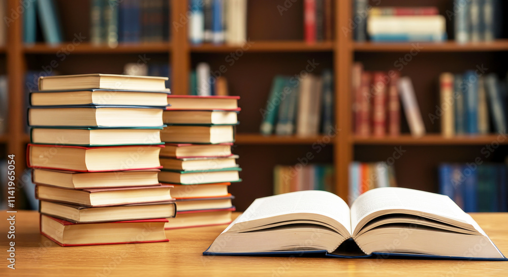 Stacked books and an open book on a library desk Stacked books and an open book on a library desk