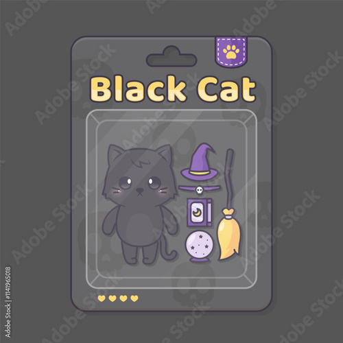 cute black cat toy in blister packaging design