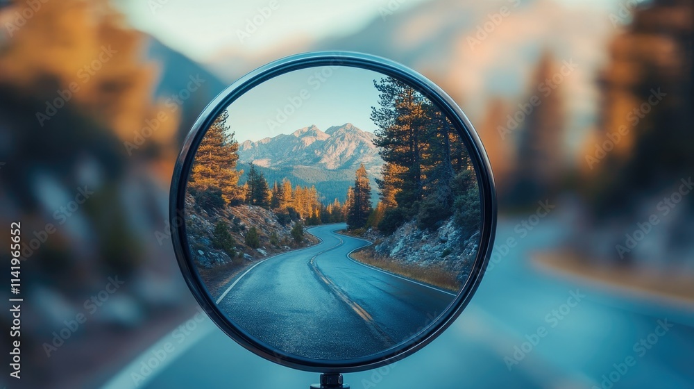 A close-up of a spherical road mirror showing a sharp curve in a mountain road with trees in the background A close-up of a spherical road mirror showing a sharp curve in a mountain road with trees in the background