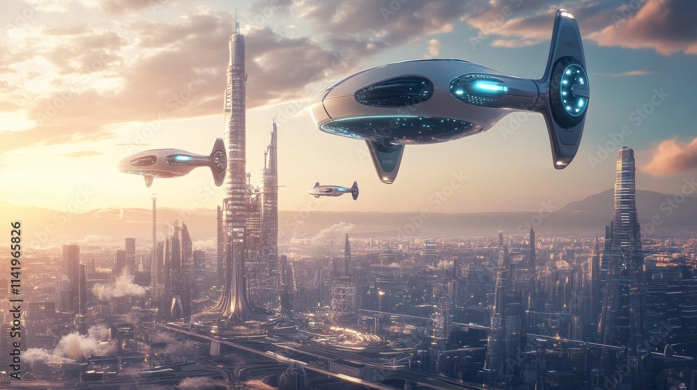 Futuristic Cityscape with Flying Vehicles Futuristic Cityscape with Flying Vehicles