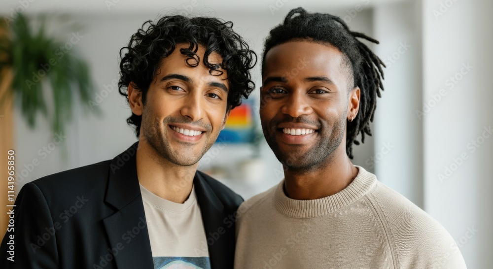 Diverse friendship portrait featuring young adult males indoors Diverse friendship portrait featuring young adult males indoors