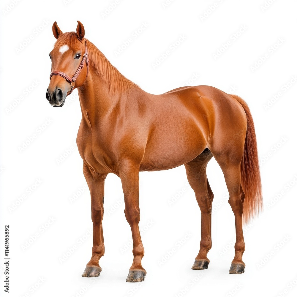 Fototapeta premium Majestic chestnut horse standing elegantly against a white background showcasing its powerful physique, graceful posture, and striking coat color for equestrian enthusiasts and artwork.