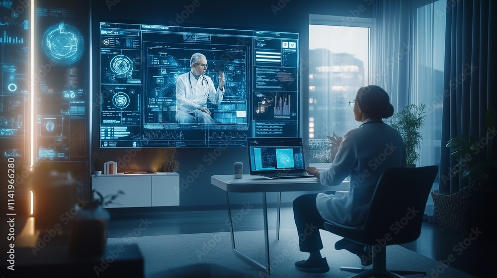 telemedicine session where a doctor interacts with a patient through a large digital screen in a high-tech home setting telemedicine session where a doctor interacts with a patient through a large digital screen in a high-tech home setting