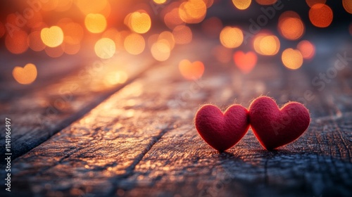 Two Red Hearts Resting on Wooden Surface at Sunset