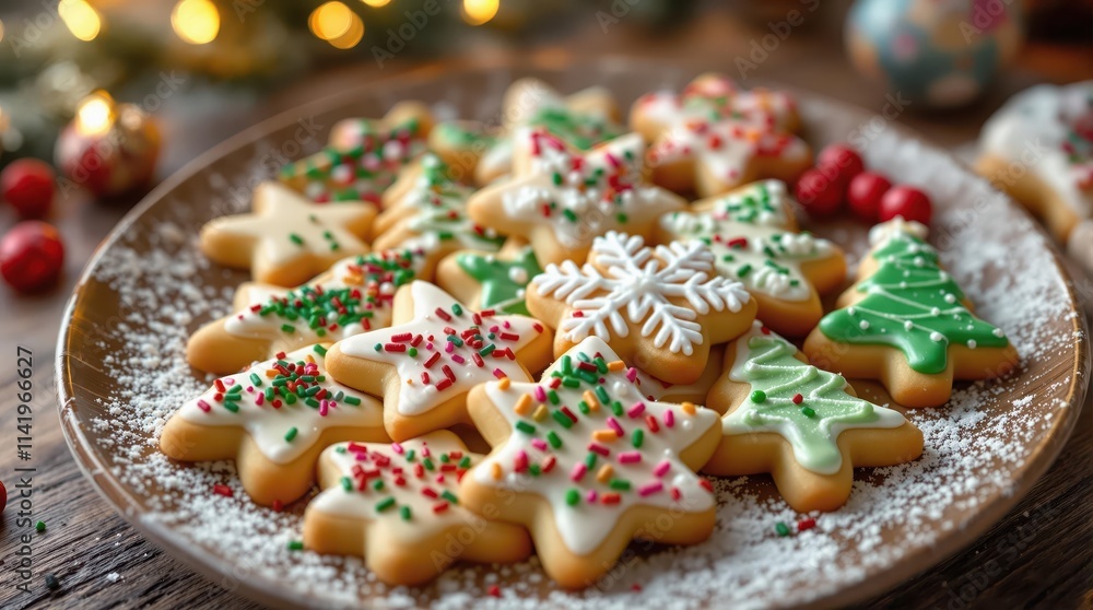 Delicious assortment of Christmas cookies on a rustic wooden table. Festive decorations and warm lighting create a cozy holiday atmosphere. Perfect for greeting cards, blogs, or websites Delicious assortment of Christmas cookies on a rustic wooden table. Festive decorations and warm lighting create a cozy holiday atmosphere. Perfect for greeting cards, blogs, or websites