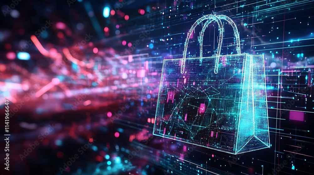 Fototapeta premium Cyber Shopping Bag: A 3D Render of Online Retail in the Digital Age. AI Generated