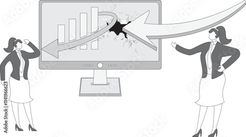 The manager points to the falling arrow on the computer screen and reprimands the employee, the project performance drops and the profit decreases