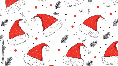 A festive pattern featuring red Christmas hats adorned with white fur, complemented by scattered stars and pine elements on a white background.