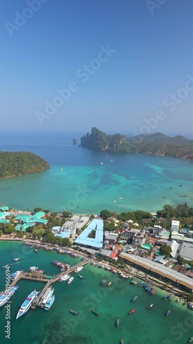 Aerial view of Ton Sai Pier and Loh Dalum Beach on Phi Phi Island, Thailand photo