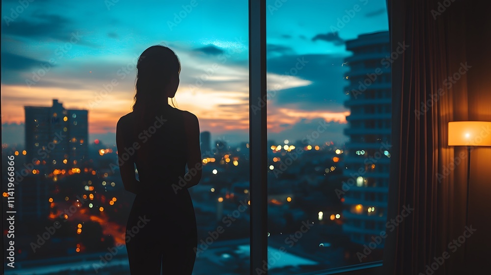 Silhouette of a woman at sunset overlooking a cityscape Silhouette of a woman at sunset overlooking a cityscape