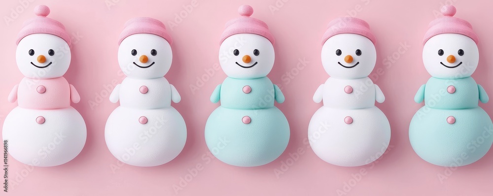 Colorful snowman figurines with cheerful expressions, wearing pink and blue hats, arranged in a row against a soft pink background. Colorful snowman figurines with cheerful expressions, wearing pink and blue hats, arranged in a row against a soft pink background.