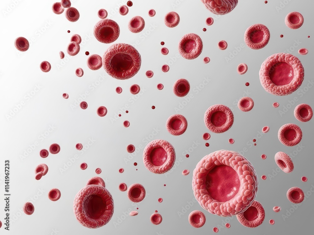 Fototapeta premium Immune system antibody prevention concept. Microscopic view of red blood cells floating in a reflective environment.