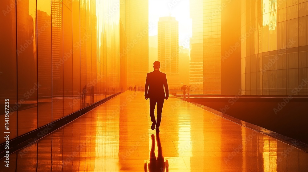 vibrant city skyline with a professional confidently walking forward, bathed in golden light vibrant city skyline with a professional confidently walking forward, bathed in golden light