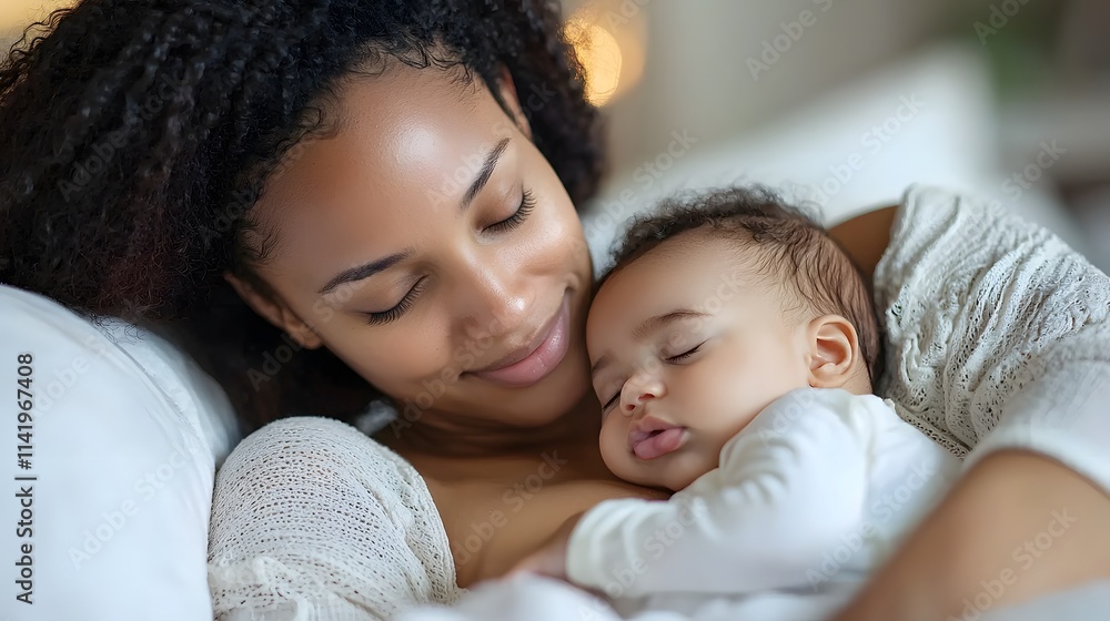 A joyful Black mother lovingly cradles her sleeping baby in a cozy setting. A joyful Black mother lovingly cradles her sleeping baby in a cozy setting.