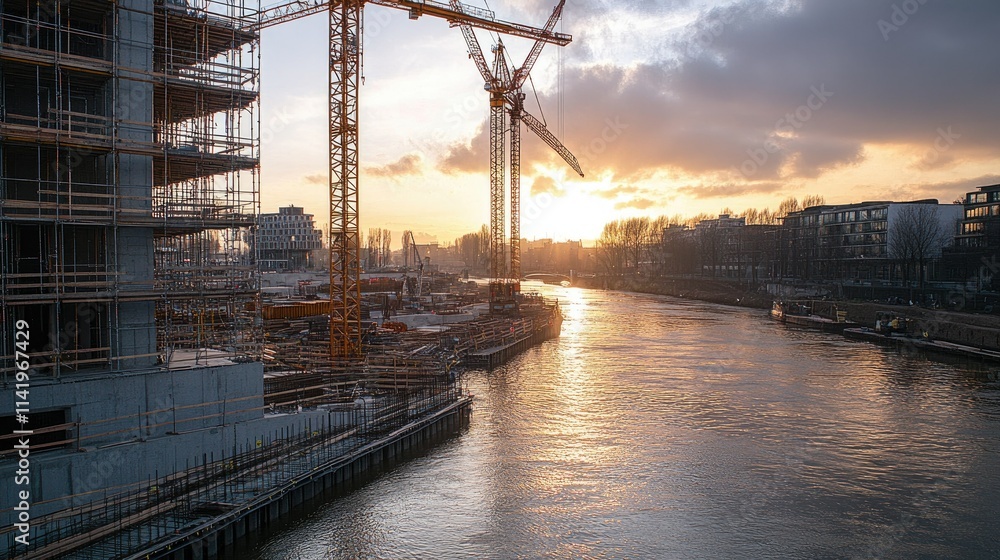 A construction site beside a river, with cranes and scaffolding framing the waterway A construction site beside a river, with cranes and scaffolding framing the waterway