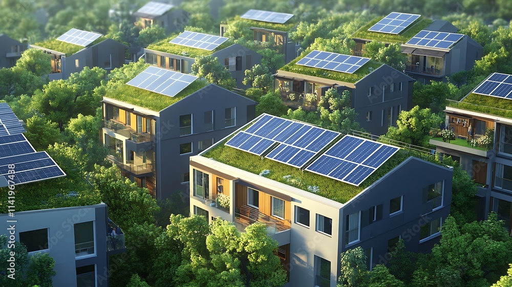 Eco-Friendly Community: Sustainable Homes with Solar Panels and Green Roofs. AI Generated Eco-Friendly Community: Sustainable Homes with Solar Panels and Green Roofs. AI Generated