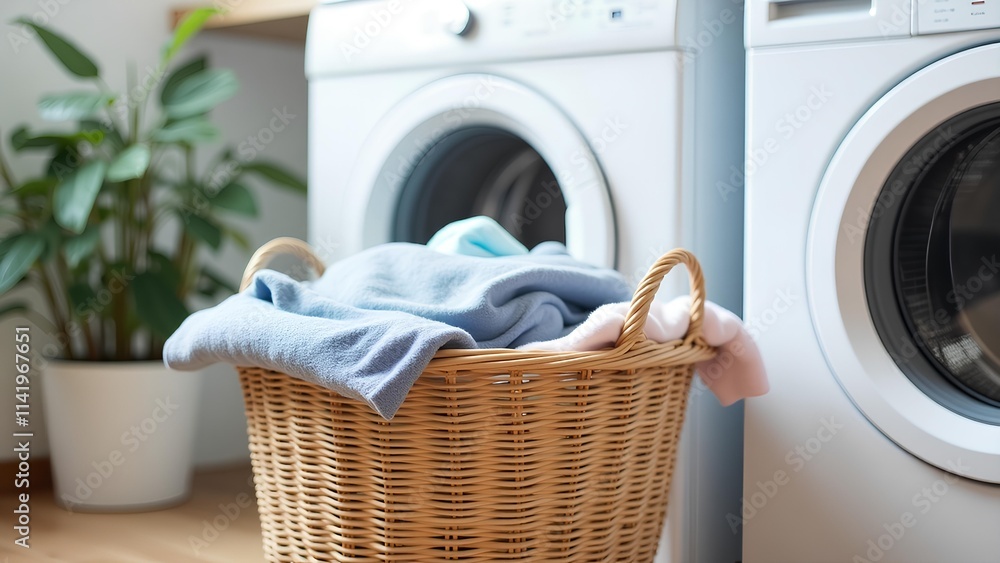 A laundry basket filled with dirty clothes in front of a white washing machine and a dryer in the laundry room, ready to be wash A laundry basket filled with dirty clothes in front of a white washing machine and a dryer in the laundry room, ready to be wash