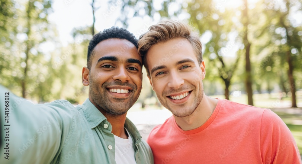 Diverse male friendship outdoors: smiling young adults in a park setting Diverse male friendship outdoors: smiling young adults in a park setting