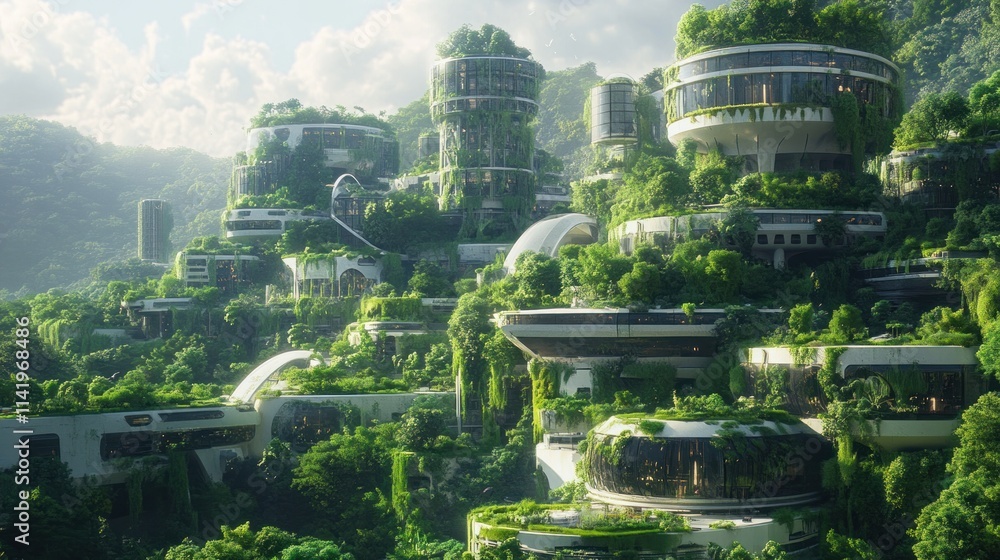 Obraz premium Overgrown Cityscape: A Futuristic City Reclaimed by Nature