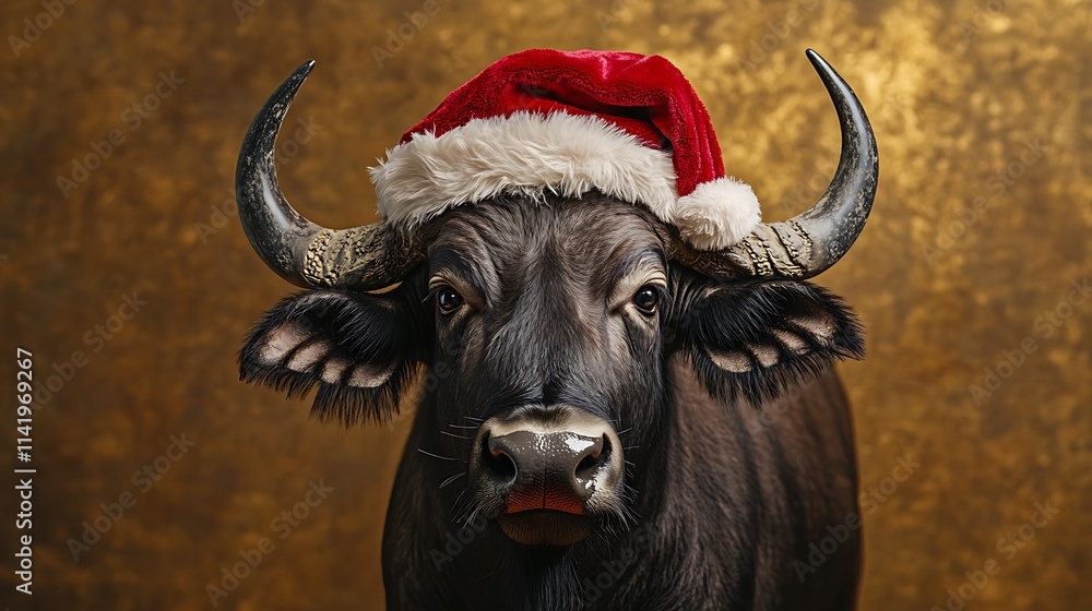 Close-up photo of a buffalo wearing vividly red Santa hat on gold background. AI Generated
