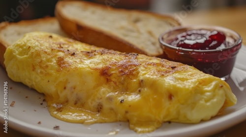 A crispy-edge omelet with melted cheese oozing out, placed next to buttered toast and jam