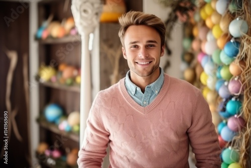 Portrait of a handsome young man in a decorated Easter egg shop photo